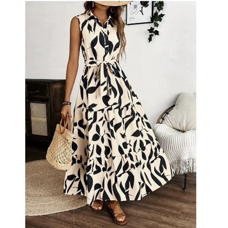 

European and American Fashion Elegant Commuter Ol Lapel Single-Breasted Leaves Print Waist Hugging A Word Sleeveless Dress Long dress Women Apricot color 2XL
