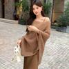Irregular Loose Fit Knitwaer Off Shoulder Cape Blouse Casual  Cover Up Solid Color Knitted Blouses Sheer Knit Poncho Top Elegant Layering Clothing