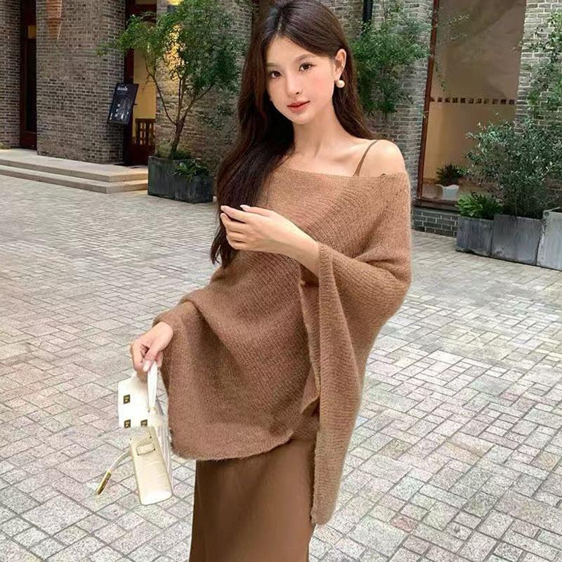Irregular Loose Fit Knitwaer Off Shoulder Cape Blouse Casual  Cover Up Solid Color Knitted Blouses Sheer Knit Poncho Top Elegant Layering Clothing
