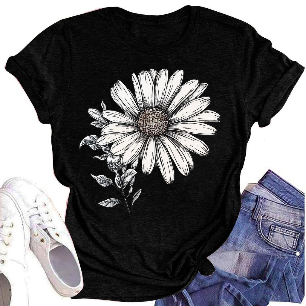 Lässiges T-Shirt für Damen mit Rundhalsausschnitt, Blumendruck, kurzärmelig