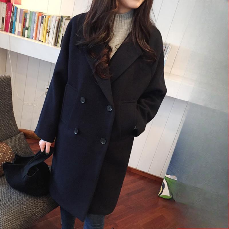 

Осень Зима Женская Шерстяная Верхняя Одежда Средней Длины Корейский Стиль Универсальное Черное Утолщенное Шерстяное Пальто M