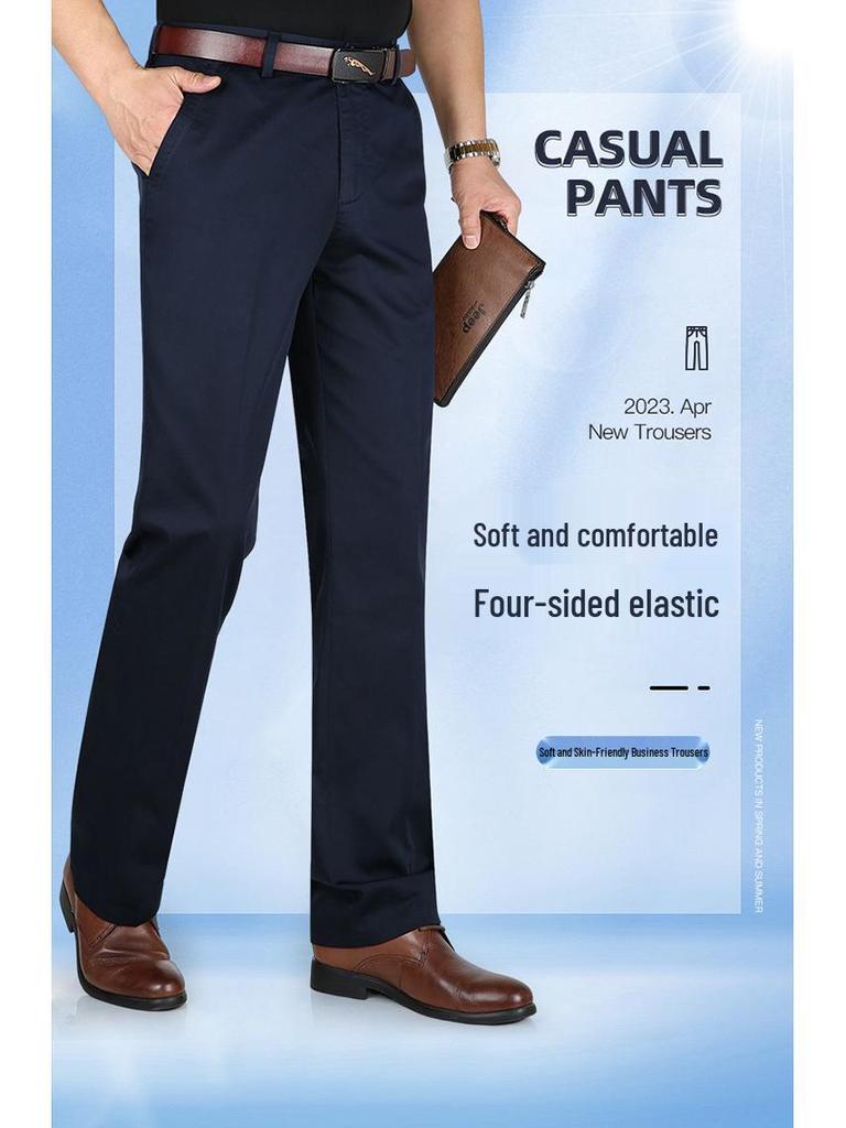 Men's High Waist Straight Leg Cotton Pants - Summer Casual, Solid Color, Middle-Aged, Loose Fit, Deep Crotch, Dad Trousers