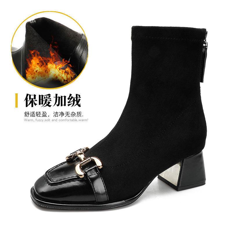 High Heel Short Boots New Year's Boots Splicing Square Head Spring and Autumn Single Boots Thick Heel Retro Horse Buckle Medium Boots