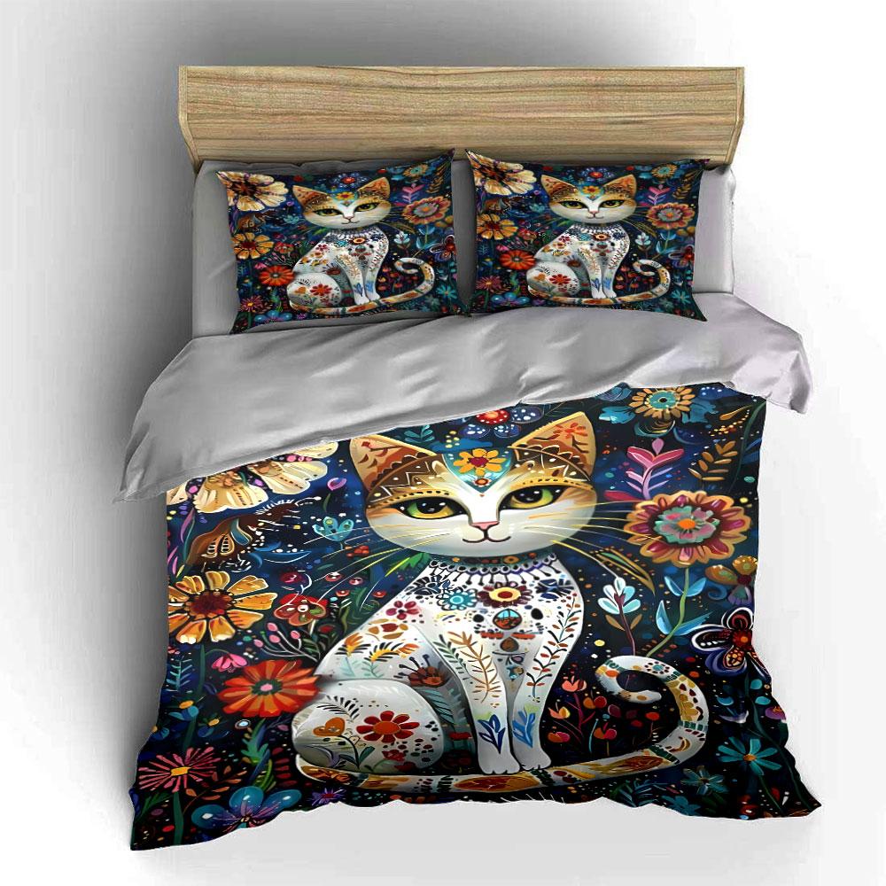 Decorative cat and flowers. Bedding sets Duvet cover sets Duvet covers Pillowcases(1 * Duvet Cover 2 * Pillowcases without duvet insert)