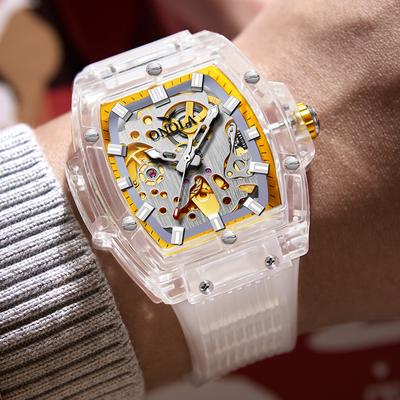 Luxury Mens Mechanical Watches Rubber Strap Male Automatic Skeleton Wristwatch Luminous Hands Xmas Gift for Male