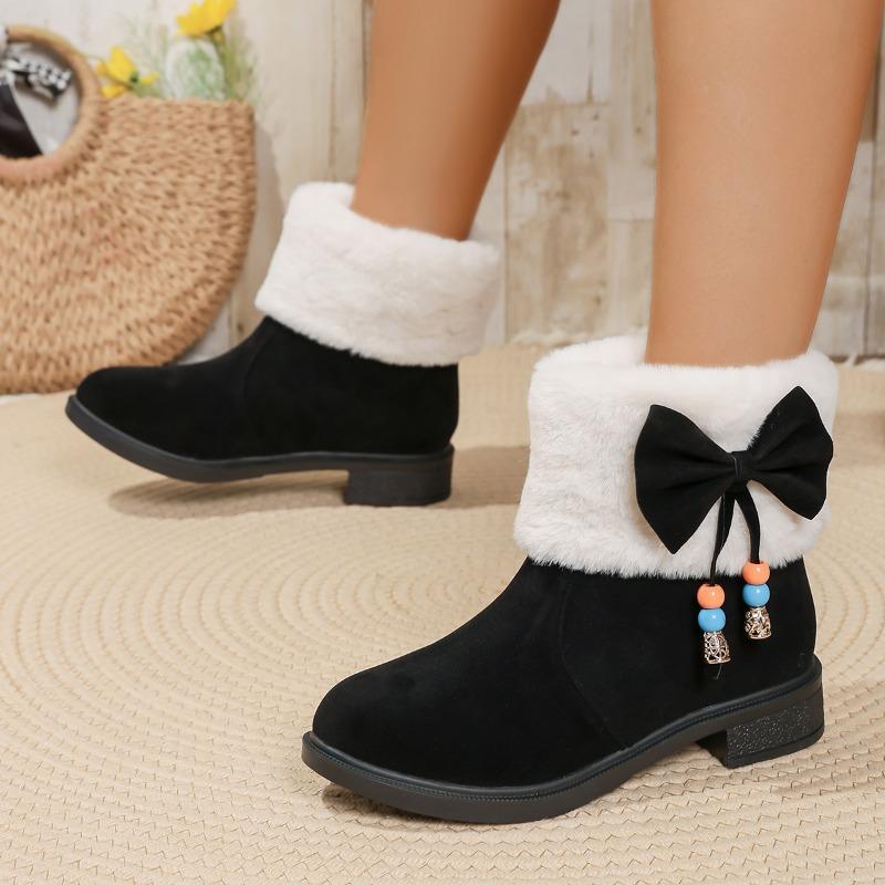 Fashion Winter 2025 Bow Plus Fluffy Hair Mouth Snow Boots Women's Mid-Leg Boots Cotton Shoes