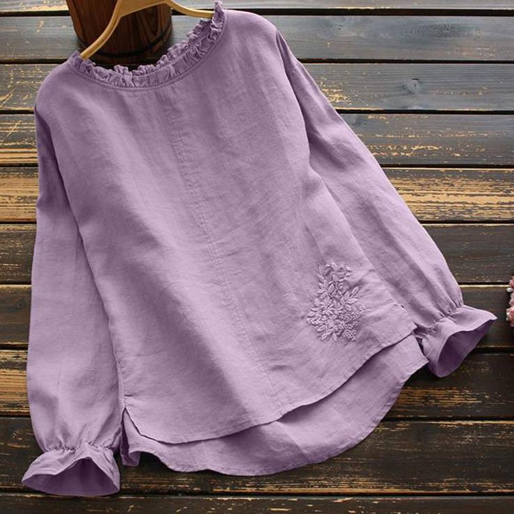 

Модная вышитая рубашка женская осенняя повседневная круглая горловина длинный рукав оборка блузка женская топ XL фиолетовый