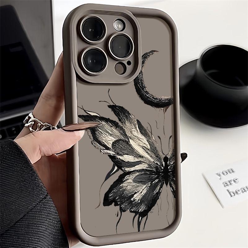 Fashion Moon Butterfly Pattern Case For iPhone 16 Pro Max 15 Plus 14 13 12 Pro 11 TPU Soft Matte Silicone Shockproof Lens Protection Phone Cover