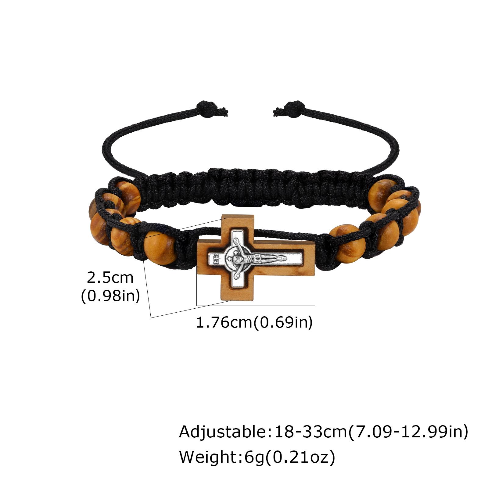 Brown Wooden Jesus Cross Bracelets Handmade Woven Adjustable Rope Chain Bracelet Rosary Religious Jewelry Gift for Men