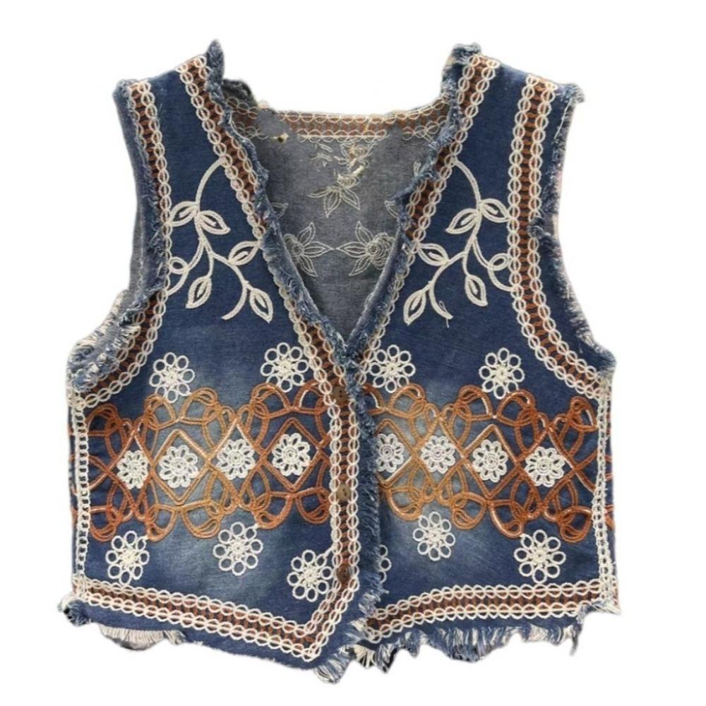 

Сладкий жилет женский Y2K короткая куртка пальто все сочетается цветочная вышивка джинсовый жилет для девочек коричневый