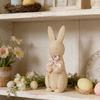 Rattan Effect Resin Easter Bunny Figurine Wicker Rabbit Statue with Bow for Spring Table Centerpiece Indoor Outdoor Patio Yard Farmhouse Home Decor