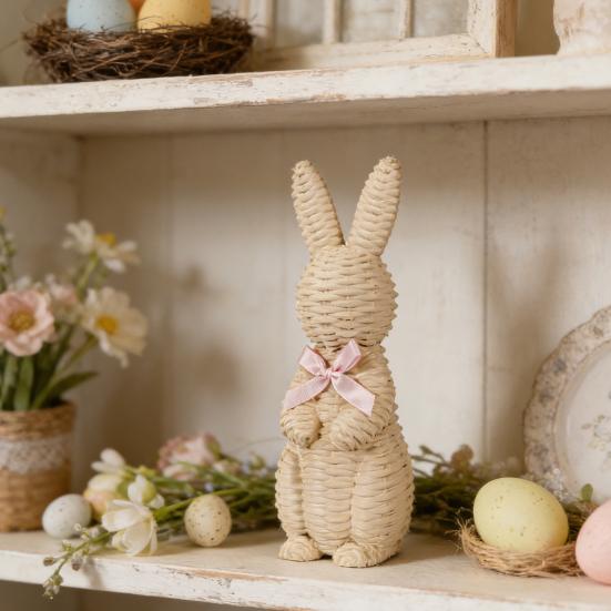 Rattan Effect Resin Easter Bunny Figurine Wicker Rabbit Statue with Bow for Spring Table Centerpiece Indoor Outdoor Patio Yard Farmhouse Home Decor