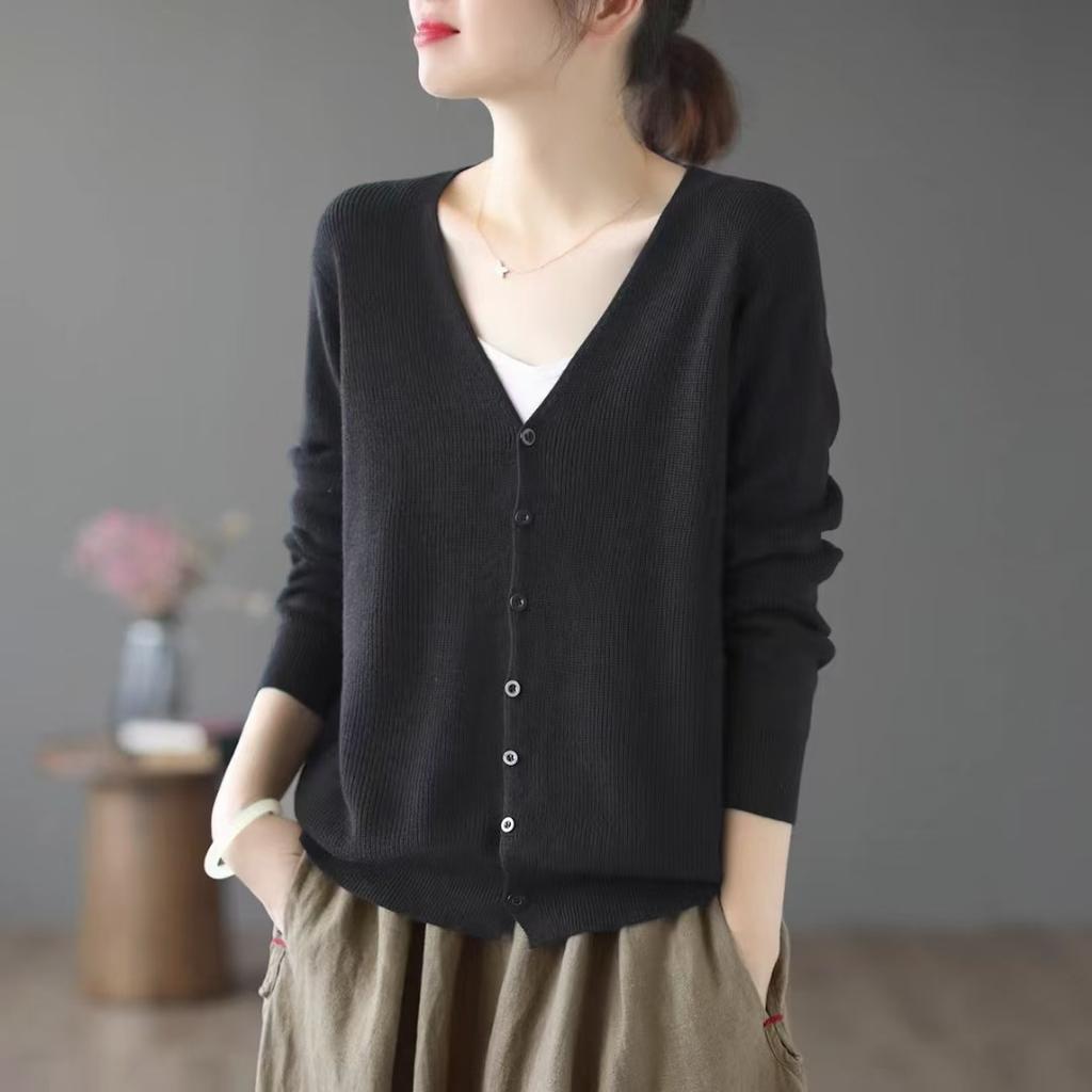Loose Fashion Foreign Style Retro Long-sleeved Cardigan Women's Literary V-neck Solid Color Cotton Thread Knitted Jacket Women's Autumn and Winter