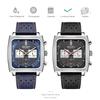 Megir Square Dial Chronograph Quartz Watches for Men Fashion Blue Leather Strap Casual Sport Wristwatch with Date 24-hour 2182