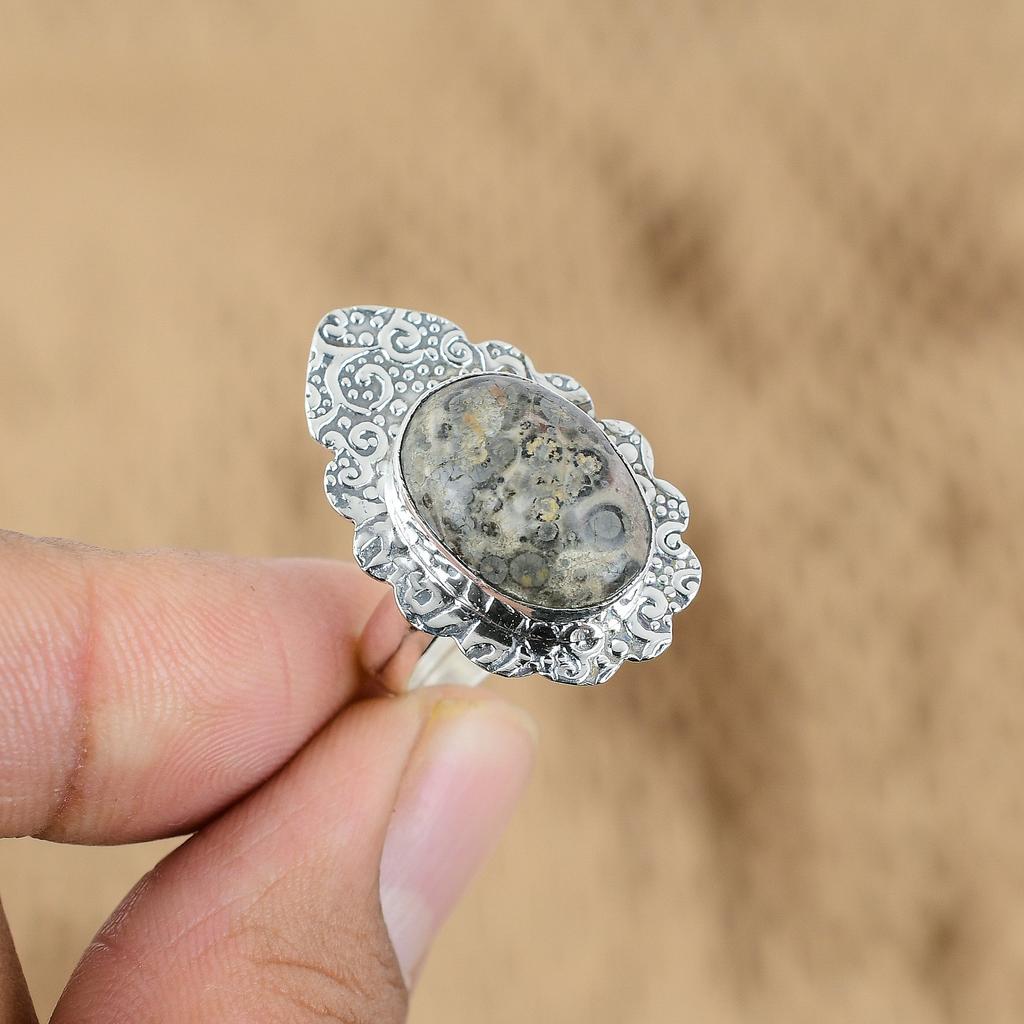 Gift For Her 925 Silver Natural Leopardskin Jasper Promise Adjustable Ring