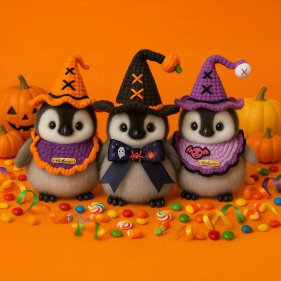 Halloween Penguin Doll 10" Penguin Plush Doll Toy with Knitted Witch Hat Small Stuffed Animal Desktop Decoration Gifts for Kids Boys Girls