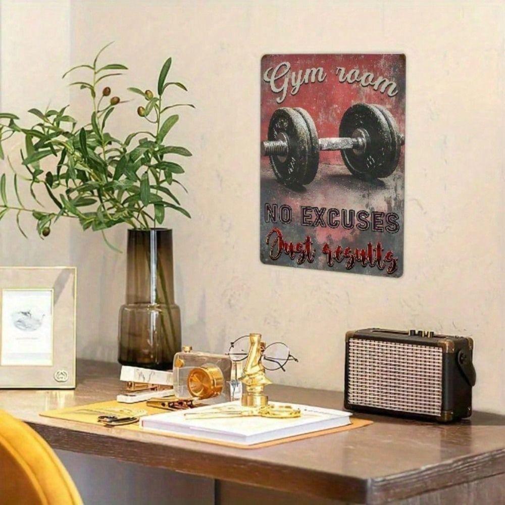 Vintage Metal Sign Wall Art, Dumbbell Weightlifting Gym Decor, No Excuses Just Results for Garage