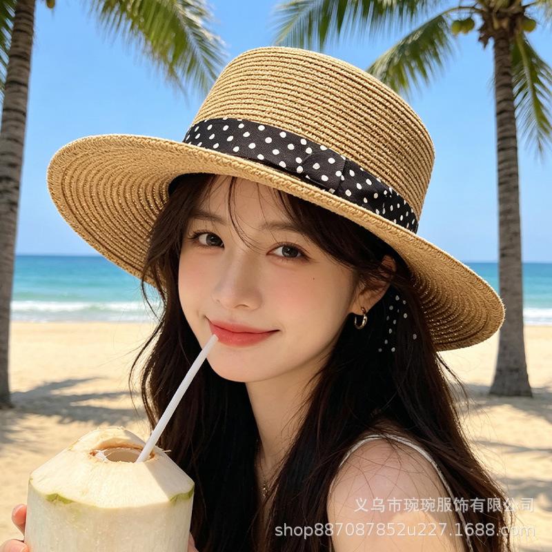 French Polka Dot Ribbon Flat Top Hat Women's Summer Sun Protection Straw Hat Simple Flat Edge Basin Hat Outdoor Outing Sun Hat