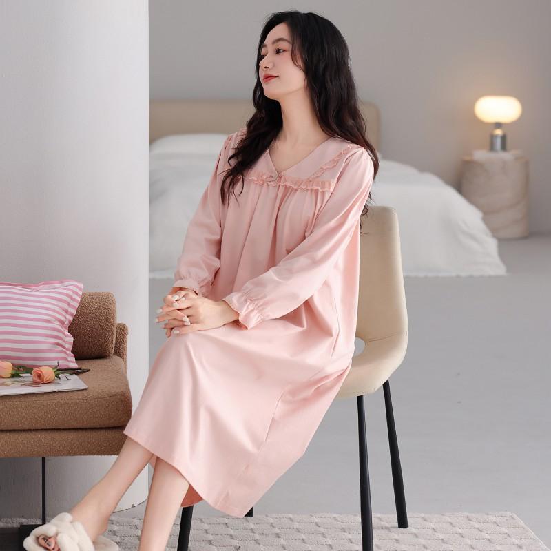 Womens Long Sleeve Cotton Nightgown With Built-in Bra Soft Loungewear
