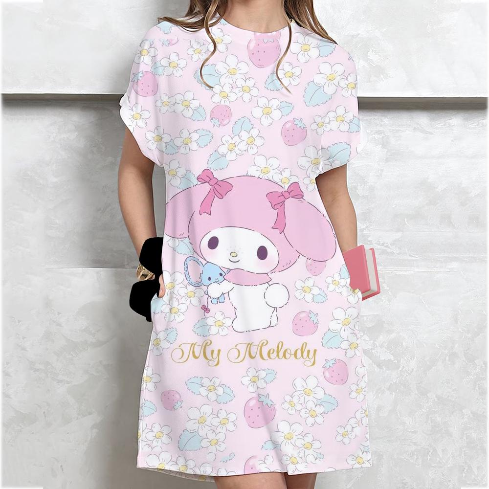 Korean-style Plus-size Hello Kitty print T-shirt Women's Summer Loose-fit Belly Covering Student Dress