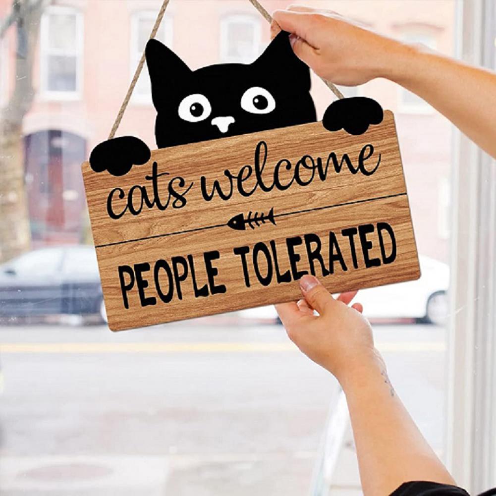 22*20cm Welcome Sign Boxwood Cat People Tolerated Sign Front Door Wall Hanging Wooden Plaque Hanger Black Kitten Garden Decor