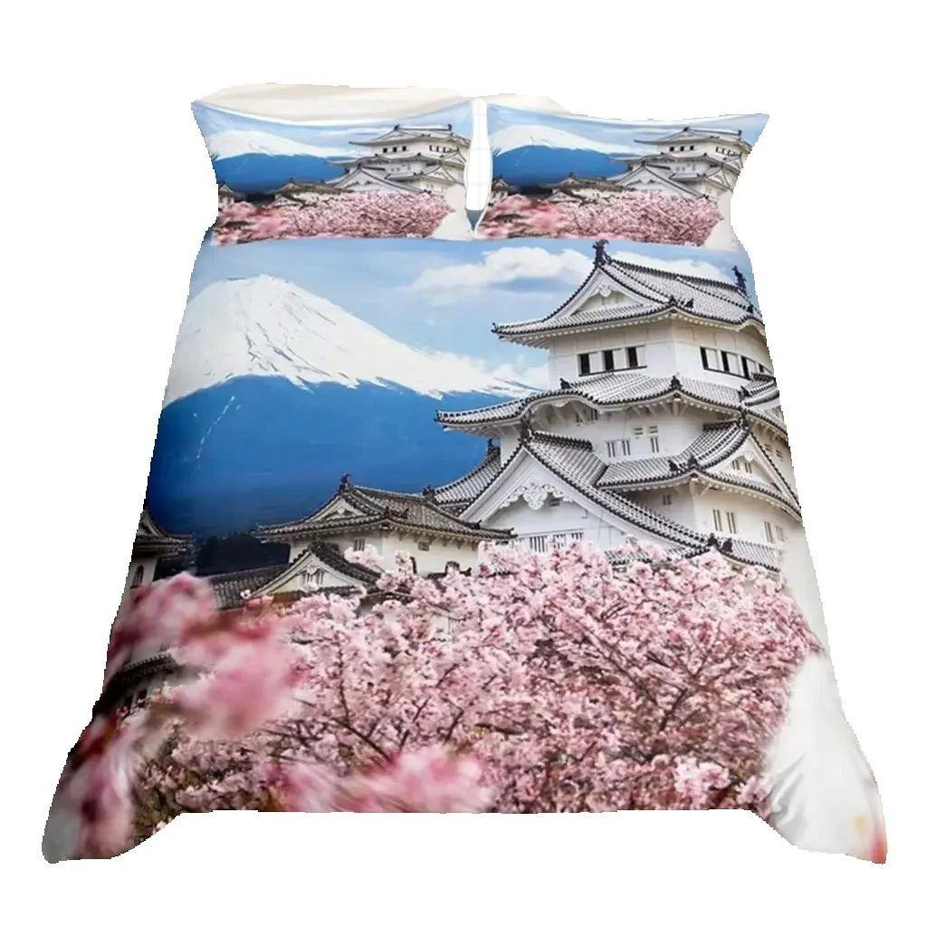 Set Biancheria da Letto Fiore di Ciliegio Giapponese Pittura Paesaggistica Set Copripiumino Stile Copripiumino Poliestere Coperta Trapuntata Artistica Camera da Letto