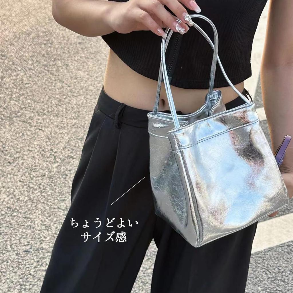 Lapimou Handbag, Bucket Bag, Silver Bag for Women, Silver and Black, Popular Korean Style, Cute, Stylish, Casual, Large Capacity, Perfect for