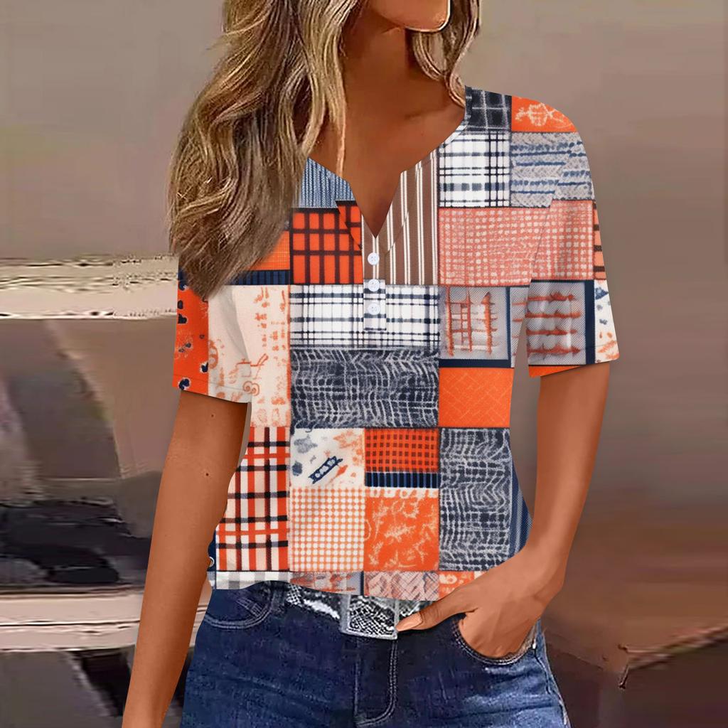 Damen T-Shirt mit Aufdruck und Knopfleiste, kurzärmelig, für den Alltag, Wochenende, modisch, Basic, V-Ausschnitt, normales Oberteil