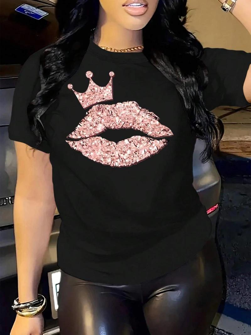 

Женская повседневная базовая футболка свободного кроя с графическим принтом «Сексуальные губы с короной», летняя футболка с коротким рукавом и круглым вырезом, классическая модная футболка 4XL