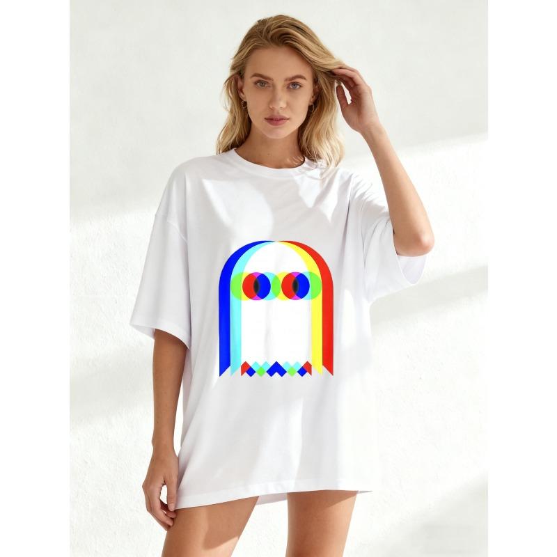 Oversize Women's Short-Sleeve T-Shirt with Rainbow Gradient Ghost (with Colorful Ring Eyes) Print