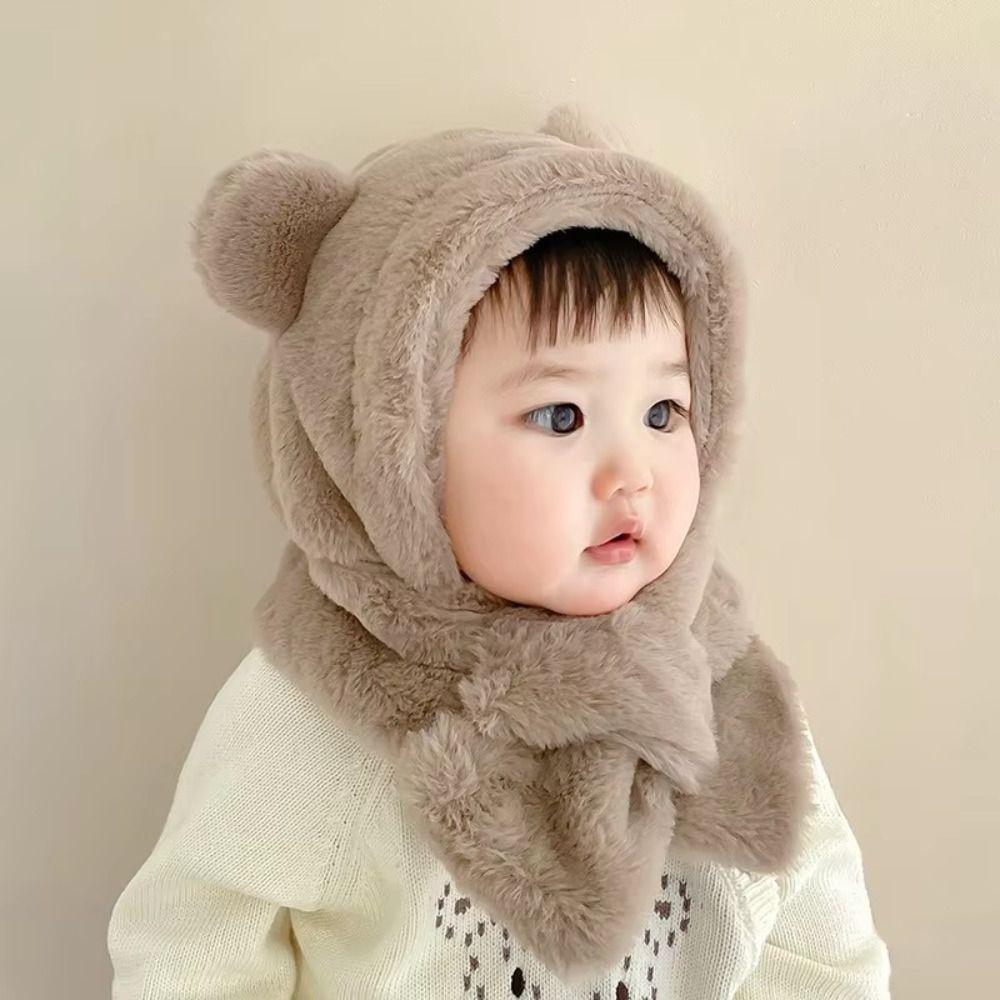 Faux Fur Baby Bear Plush Hat Winter Ear Protection Hats Cute One-Piece Hat Scarf  Kids