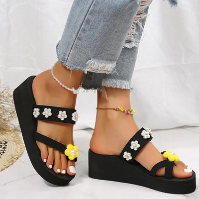 Mode Femme Fleurs Décor Perle Tongs à Clip d'Orteil Compensées Légères Confortables Pantoufle Féminine Plage Antidérapantes Plateformes Slides Mujer