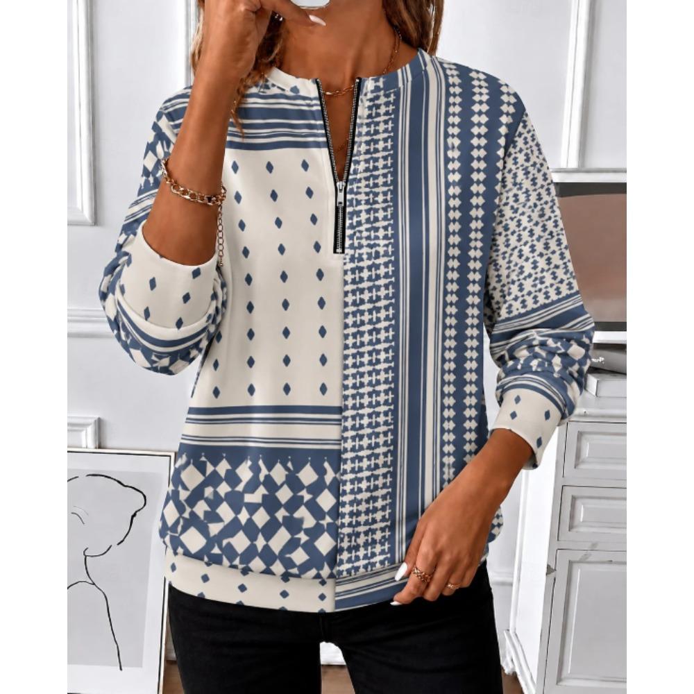 Women's Quarter Zipper Sweater Pullover  Mixed Stripe  Casual  Active Sportswear Half Long Sleeve Top Micro-elastic Fall & Winter Comfrt Breathable