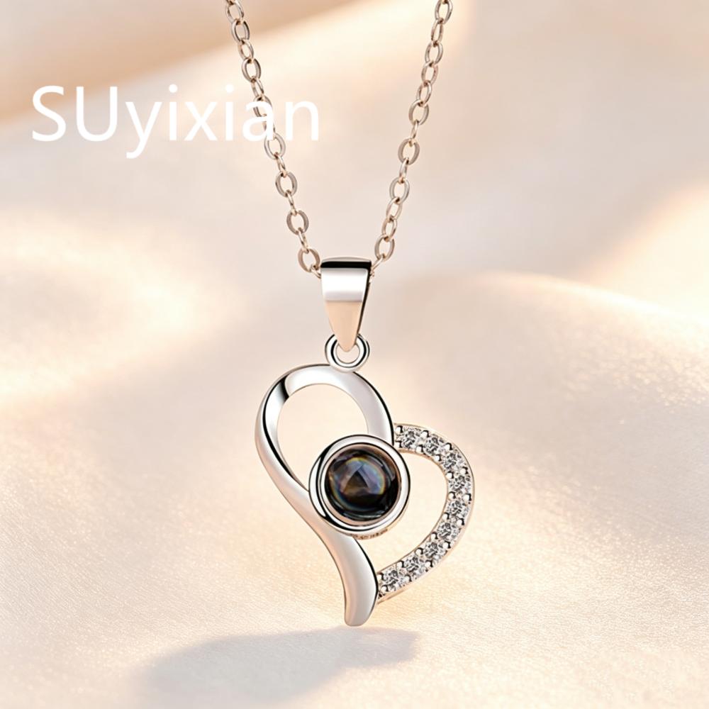 925 Sterling Silver Fashion 100 Languages I Love You Projection Stone Love Necklace Pendant, Valentine's Day Anniversary Gift
