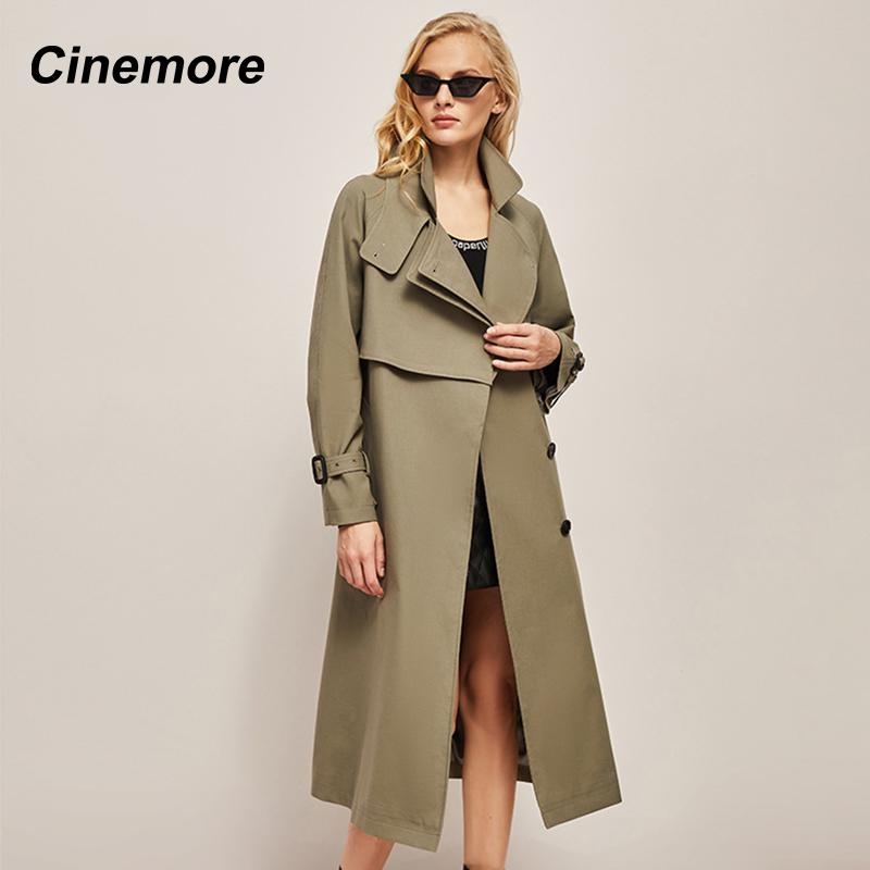 

Cinemore Тренч для женщин Длинная куртка-ветровка Повседневное однотонное свободное ветрозащитное пальто с лацканами с поясом Модное шикарное женское пальто S зелёный