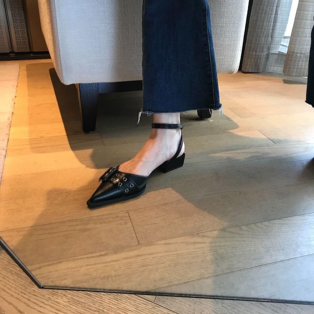 Sandals for Women with Low Heels Square Summer 2024 Closed Ladies Shoes Pointed Toe Footwear Strap Beige Korea On Offer Vintage
