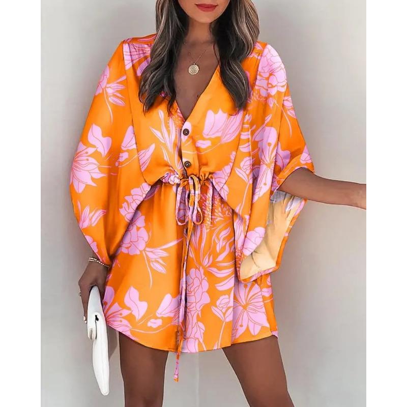YYFS Women's Fashion Summer Spring Flower Pattern Print Short Sleeve V-Neck High Waist Casual Dresses