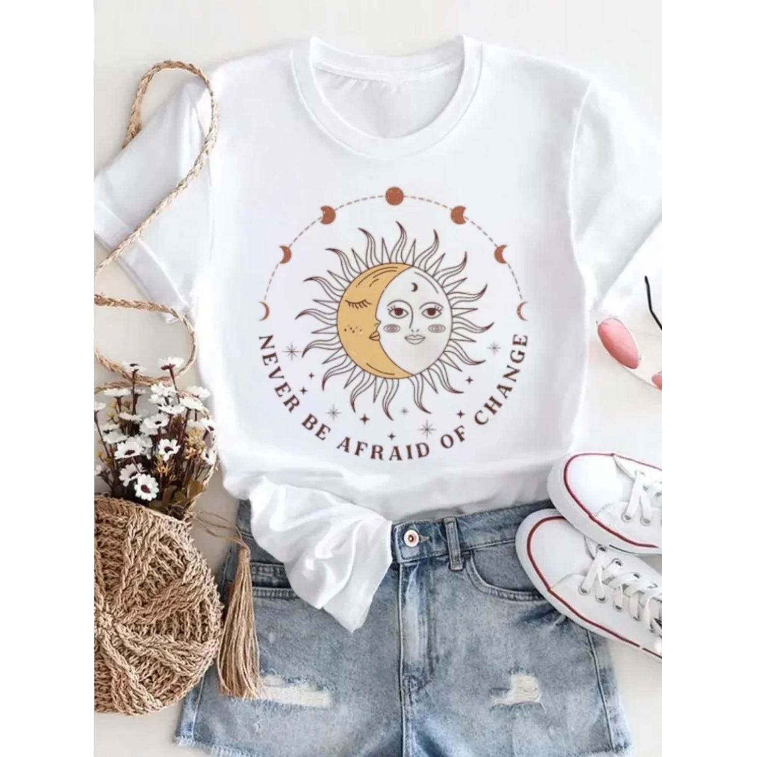 Clothing Women s Sun and Moon Pattern Top T-Shirt Summer Printed Style Sweet 90s Short Sleeved Clothes Fashion Simple T-Shirt S