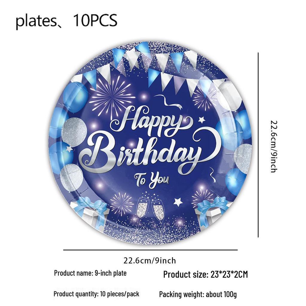Cross-border Blue Birthday Party Set: Fireworks Print Plates, Flags & Napkins.