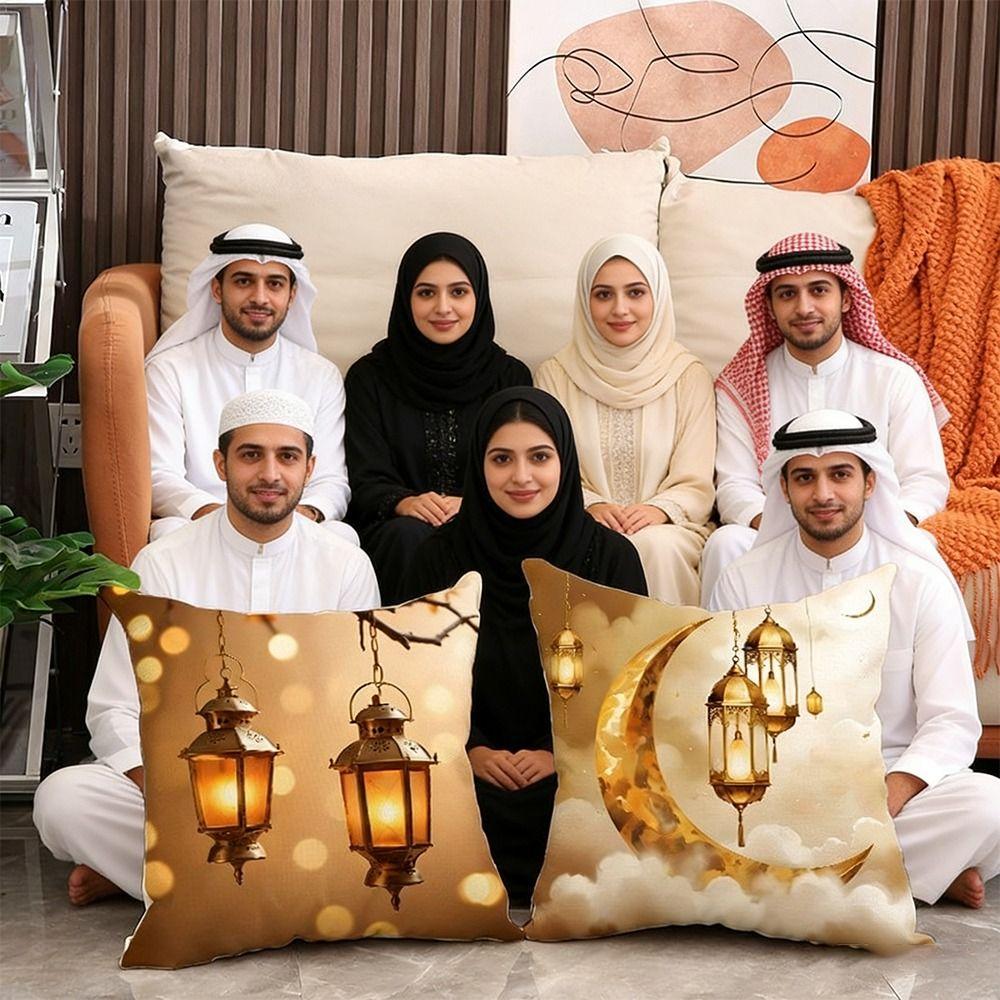Golden Moon EID Mubarak Pillowcase Decor Oil Lamp Printed Sofa Cushion Cover 45cm Pillow Cover Islamic Party Supplies