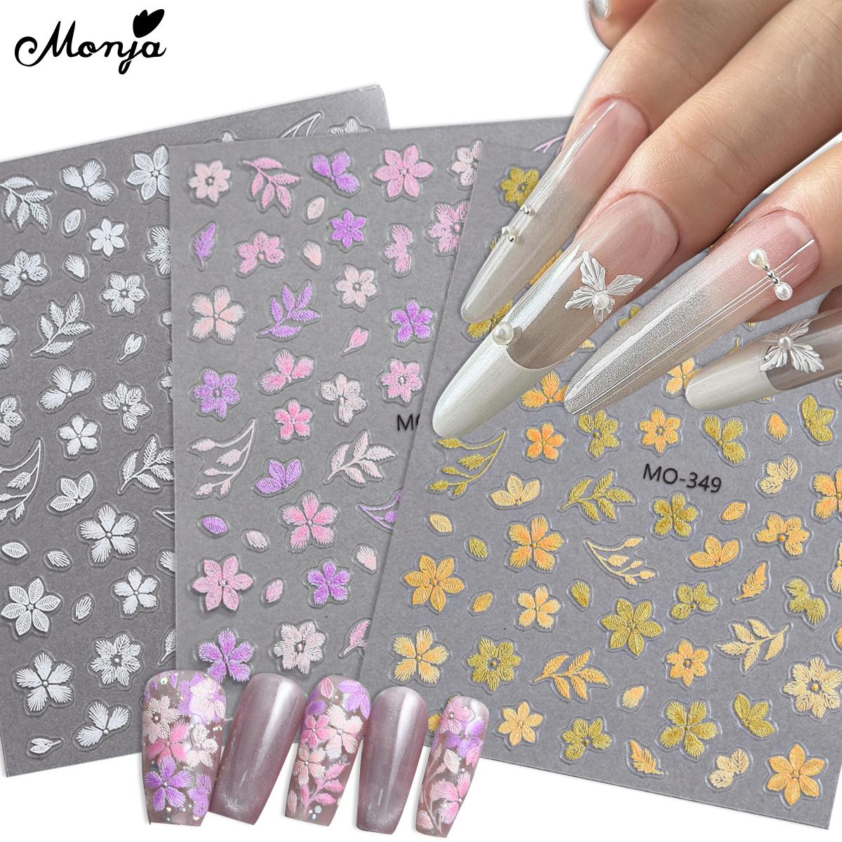 

monja 5D наклейки для ногтей с тиснением, вышивкой, цветочным листом, красочные сверкающие стеклянные фрагменты, клейкие полевые цветы, украшение для маникюра, сделай сам