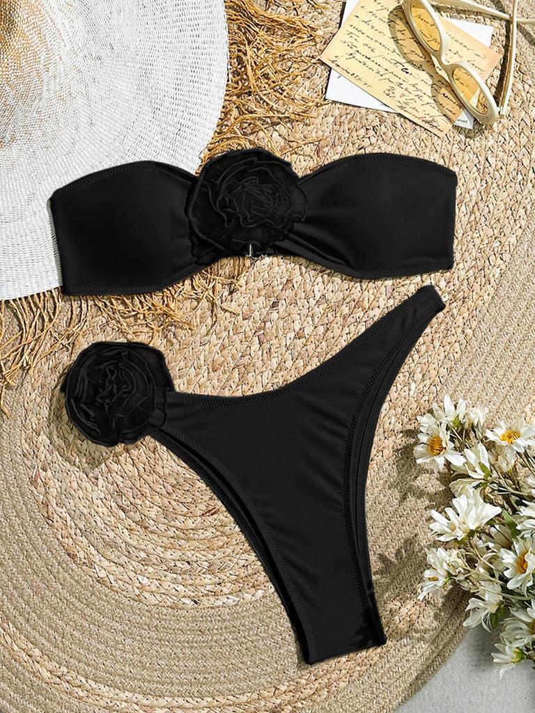 Three-Dimensional Floral Bikini Set: Bandeau Top & Triangle Bottoms