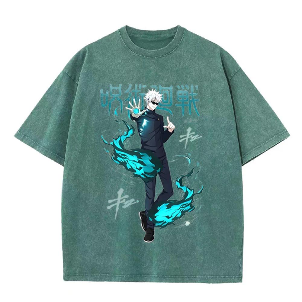 2026 Anime Graphic Washed T Shirt Unisex Oversized Cotton Short Sleeve Tee Harajuku Streetwear Manga Fan Casual Daily Tops