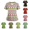 Women's Short Sleeved Christmas Printed V-neck Buttonable Side Slit Top T-shirt