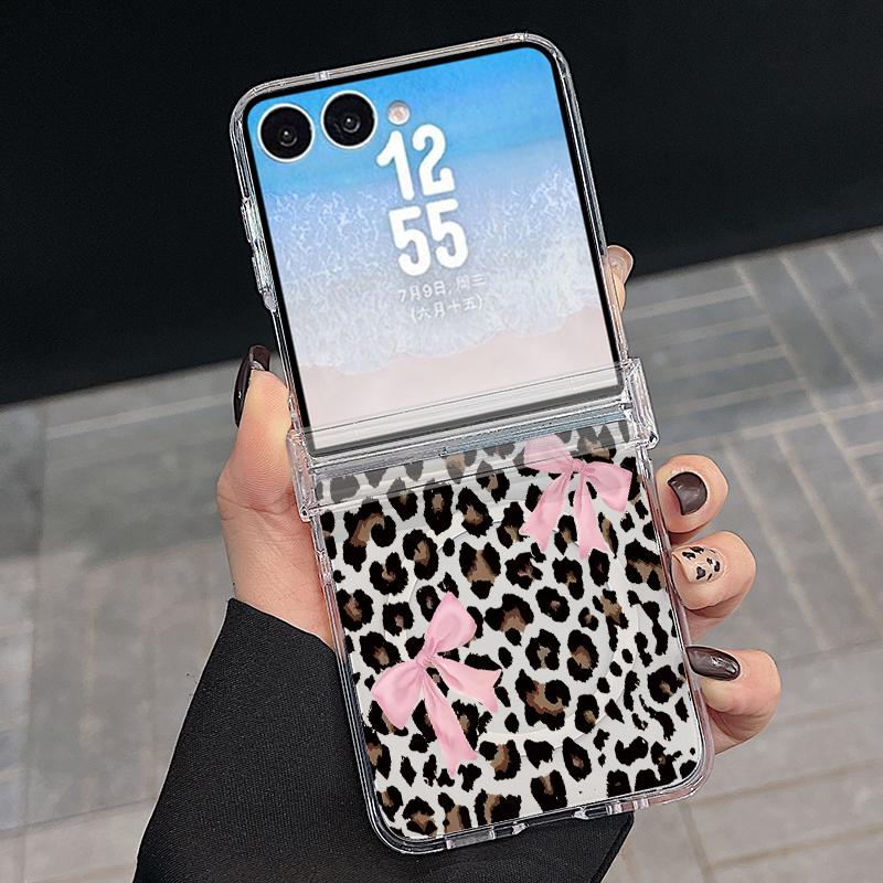 Bowknots Leopard Print Case For Samsung Z Flip 8 7 FE 6 5 Magnetic Clear Hard PC Folding Phone Cover For Galaxy Z Flip8 Flip7 Flip6