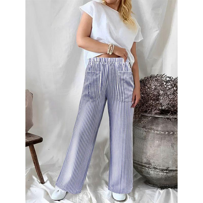 

Fashion Women Trousers Ladies Pants Loose Stripes Pocket Casual Loose Pants Female Blue L