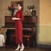 1170 medium and long autumn and winter cheongsam new 1011 seven-quarter sleeve elastic pearlescent cotton single-layer red cheongsam slim fit