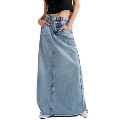 Falda larga de mezclilla vintage para mujer, dobladillo sin rematar, cintura alta, corte en A, falda larga de jeans