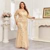 Plus Size Elegant Embroidered Mermaid Dress Round Neck Long Sleeve Lined Back Zipper