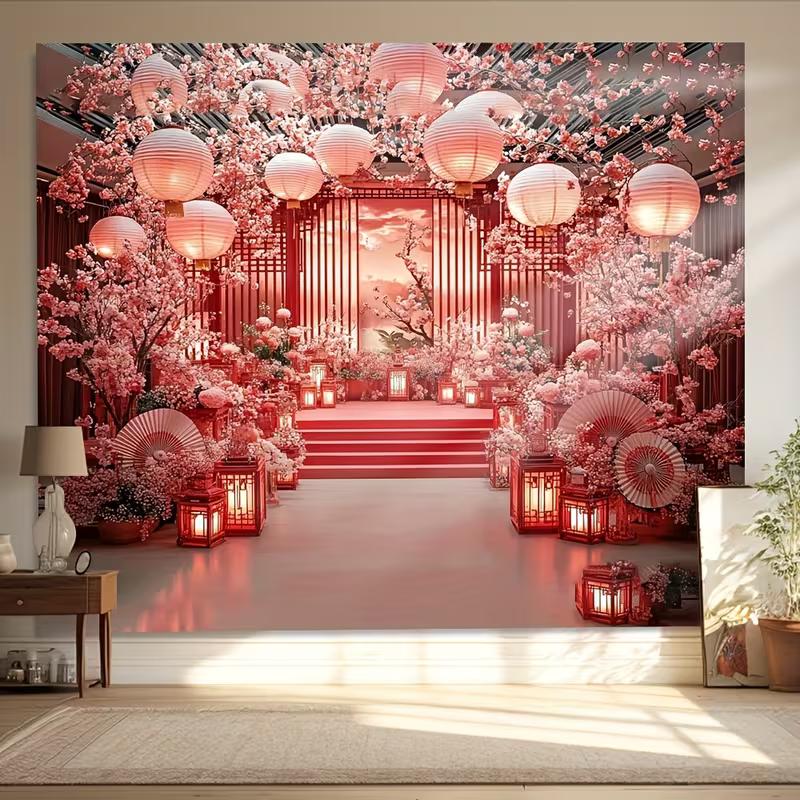 

2D Red Lantern & Cherry Blossom Print Backdrop for Chinese Wedding Celebrations 47.2x31.5inch/120*80cm